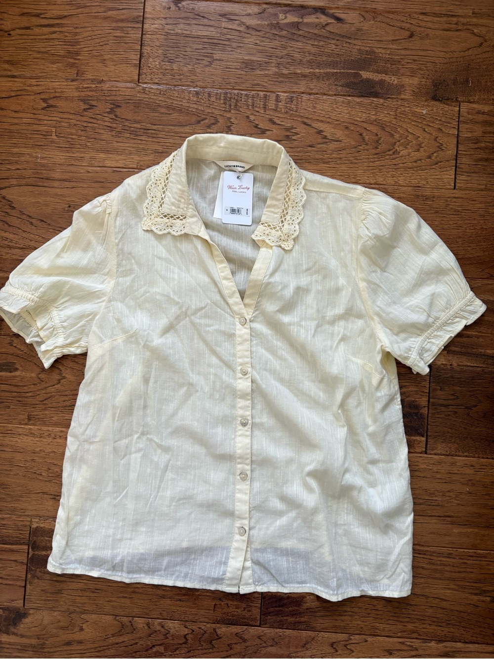 Lucky Brand Vintage-Inspired Cream Button-Up Shirt with Lace Collar